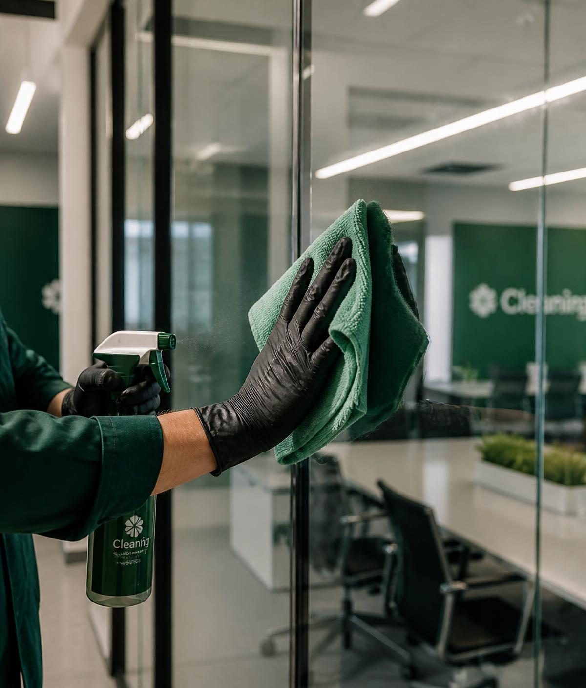 Detalje af rengøringsarbejde på en glasvæg i et kontor